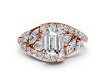 Rose gold Emerald Cut Diamond Halo Ring with Marquise and Pavé Band in Prong Setting