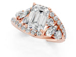 Rose gold Emerald Cut Diamond Halo Ring with Marquise and Pavé Band in Prong Setting_1