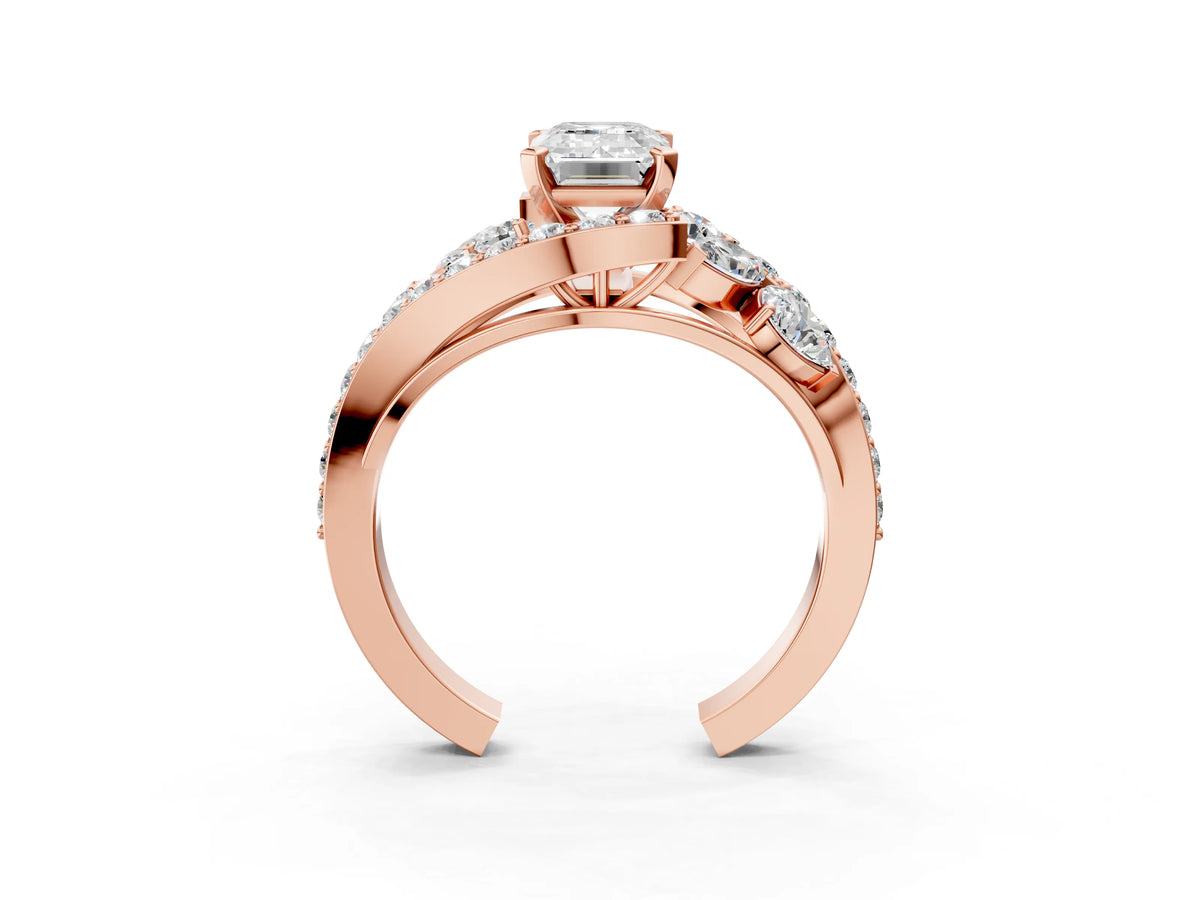 Rose gold Emerald Cut Diamond Halo Ring with Marquise and Pavé Band in Prong Setting_3