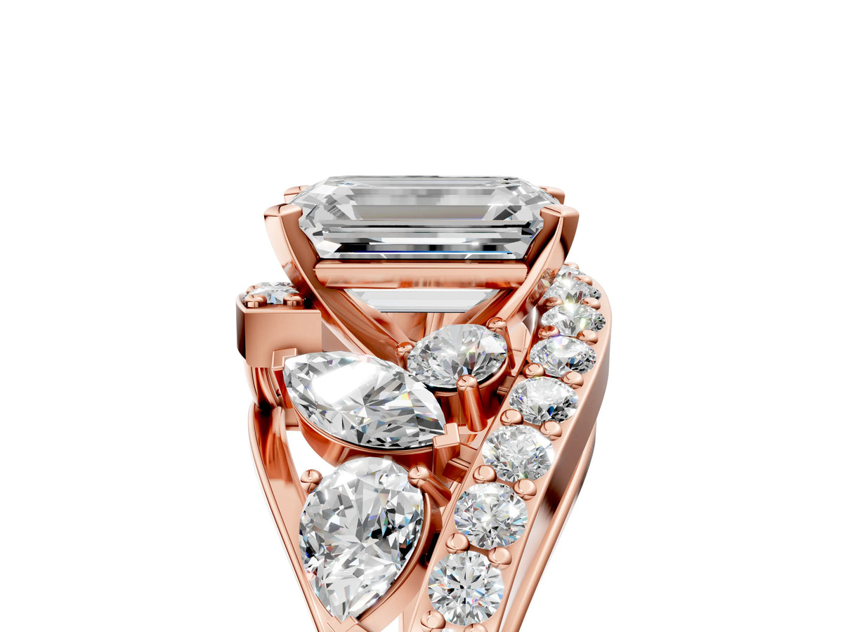 Rose gold Emerald Cut Diamond Halo Ring with Marquise and Pavé Band in Prong Setting_5