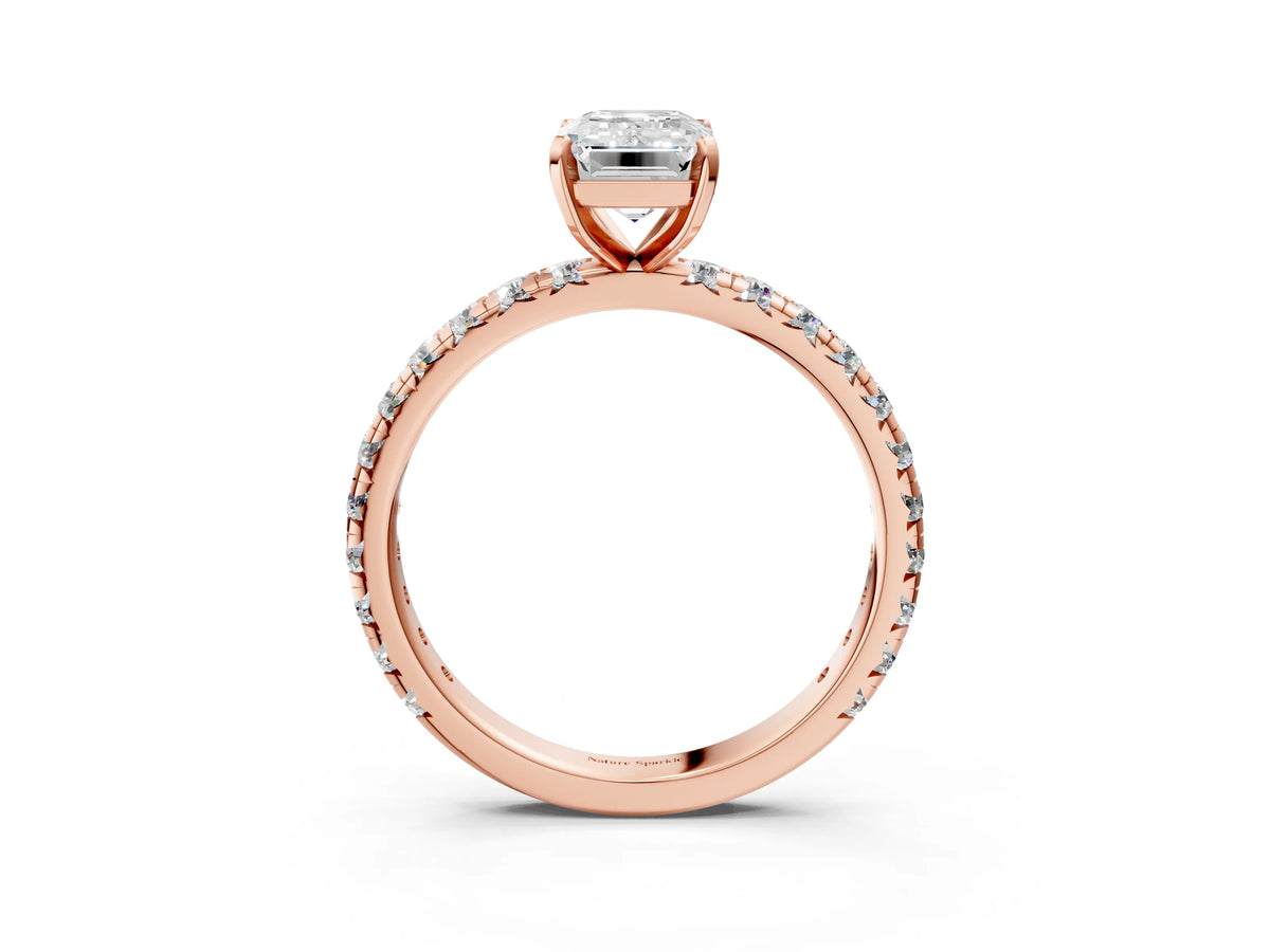 Rose gold Emerald Cut Diamond Pavé Solitaire Ring with Round Band and Prong Setting_3