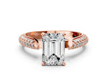 Rose gold Emerald Cut Diamond Solitaire Engagement Ring with Multi-Row Round Pavé Band and Prong Setting