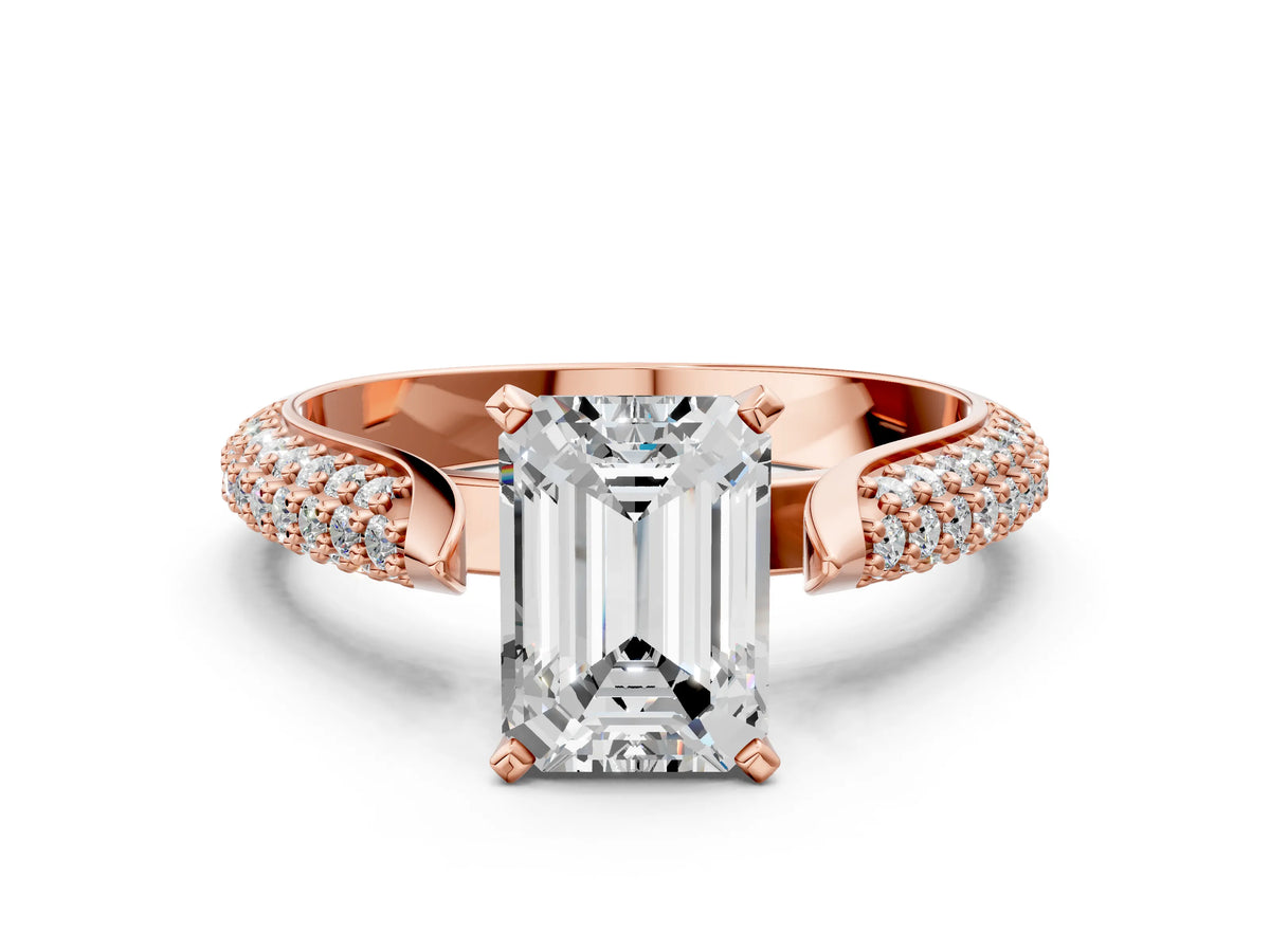 Rose gold Emerald Cut Diamond Solitaire Engagement Ring with Multi-Row Round Pavé Band and Prong Setting
