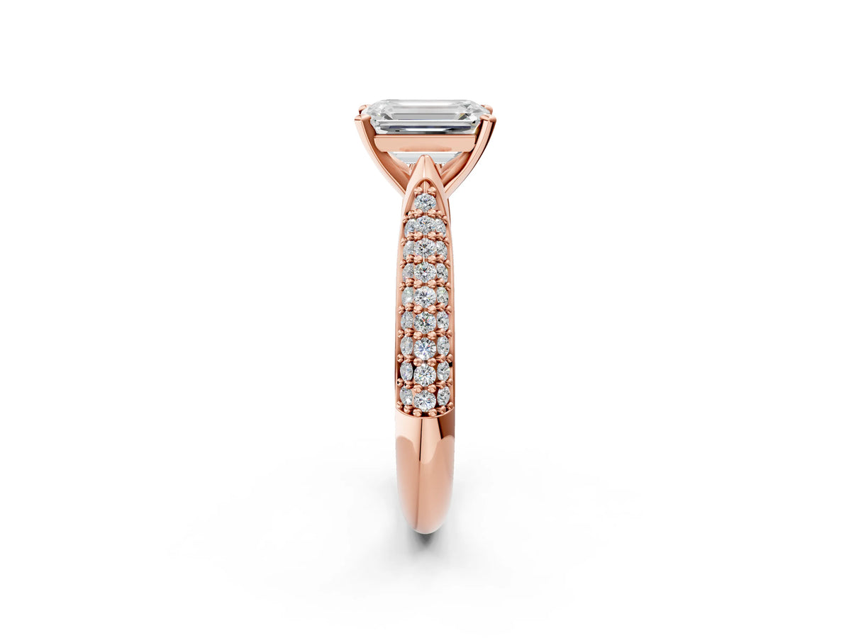 Rose gold Emerald Cut Diamond Solitaire Engagement Ring with Multi-Row Round Pavé Band and Prong Setting_2