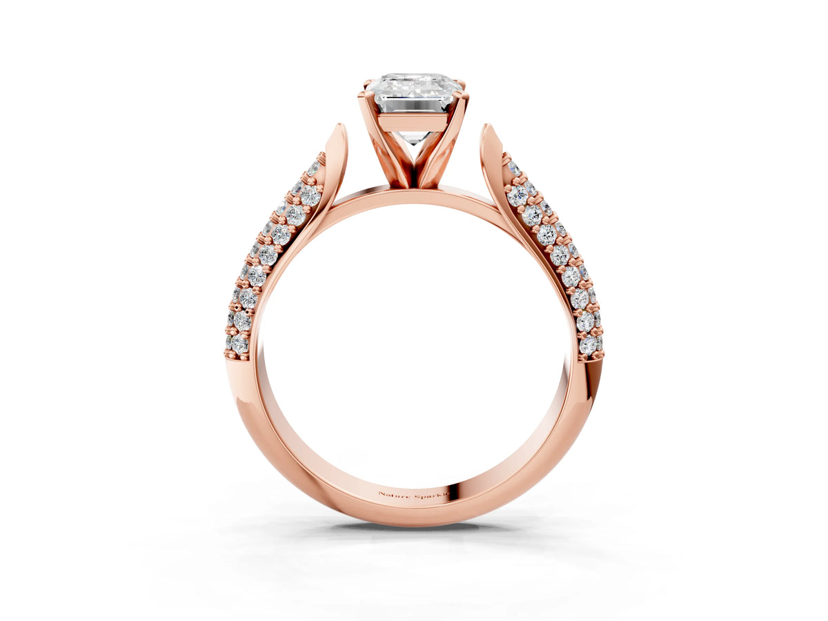 Rose gold Emerald Cut Diamond Solitaire Engagement Ring with Multi-Row Round Pavé Band and Prong Setting_3