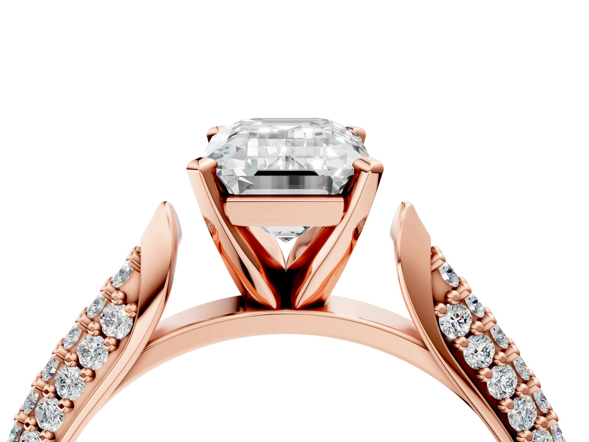 Rose gold Emerald Cut Diamond Solitaire Engagement Ring with Multi-Row Round Pavé Band and Prong Setting_4