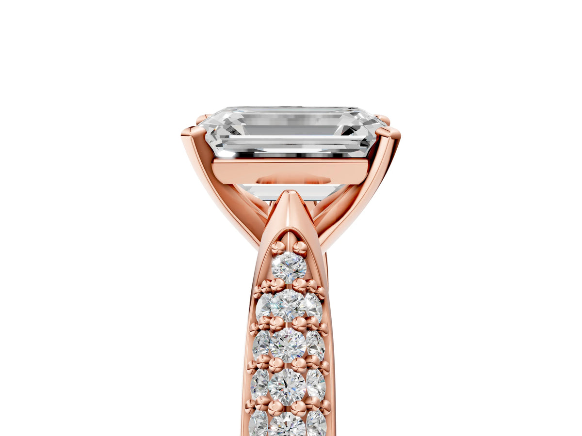 Rose gold Emerald Cut Diamond Solitaire Engagement Ring with Multi-Row Round Pavé Band and Prong Setting_5