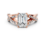 Rose gold Emerald Cut Diamond Solitaire Ring with Four-Prong Setting and Twisted Pavé Band