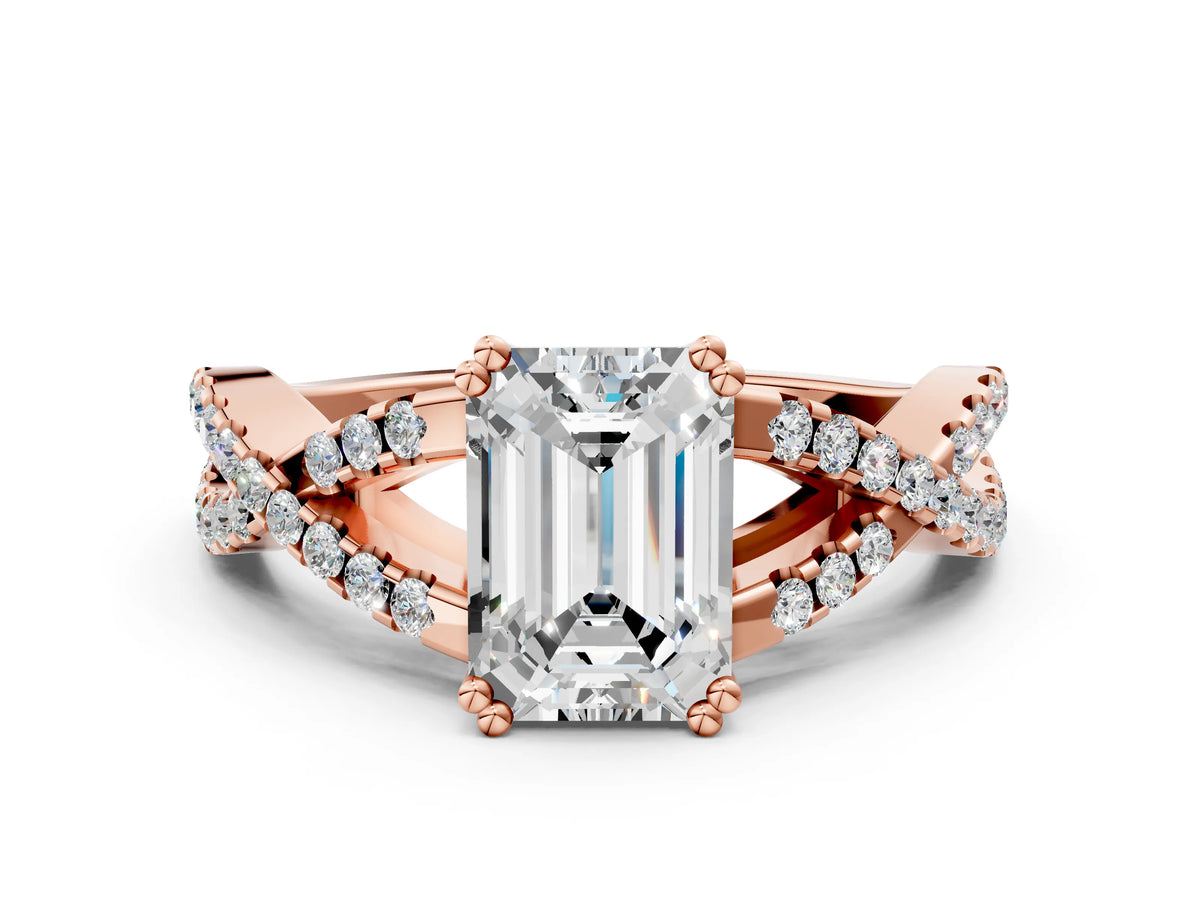 Rose gold Emerald Cut Diamond Solitaire Ring with Four-Prong Setting and Twisted Pavé Band