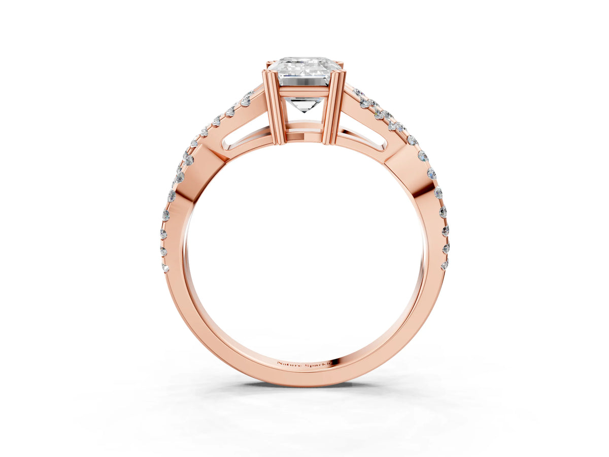 Rose gold Emerald Cut Diamond Solitaire Ring with Four-Prong Setting and Twisted Pavé Band_3