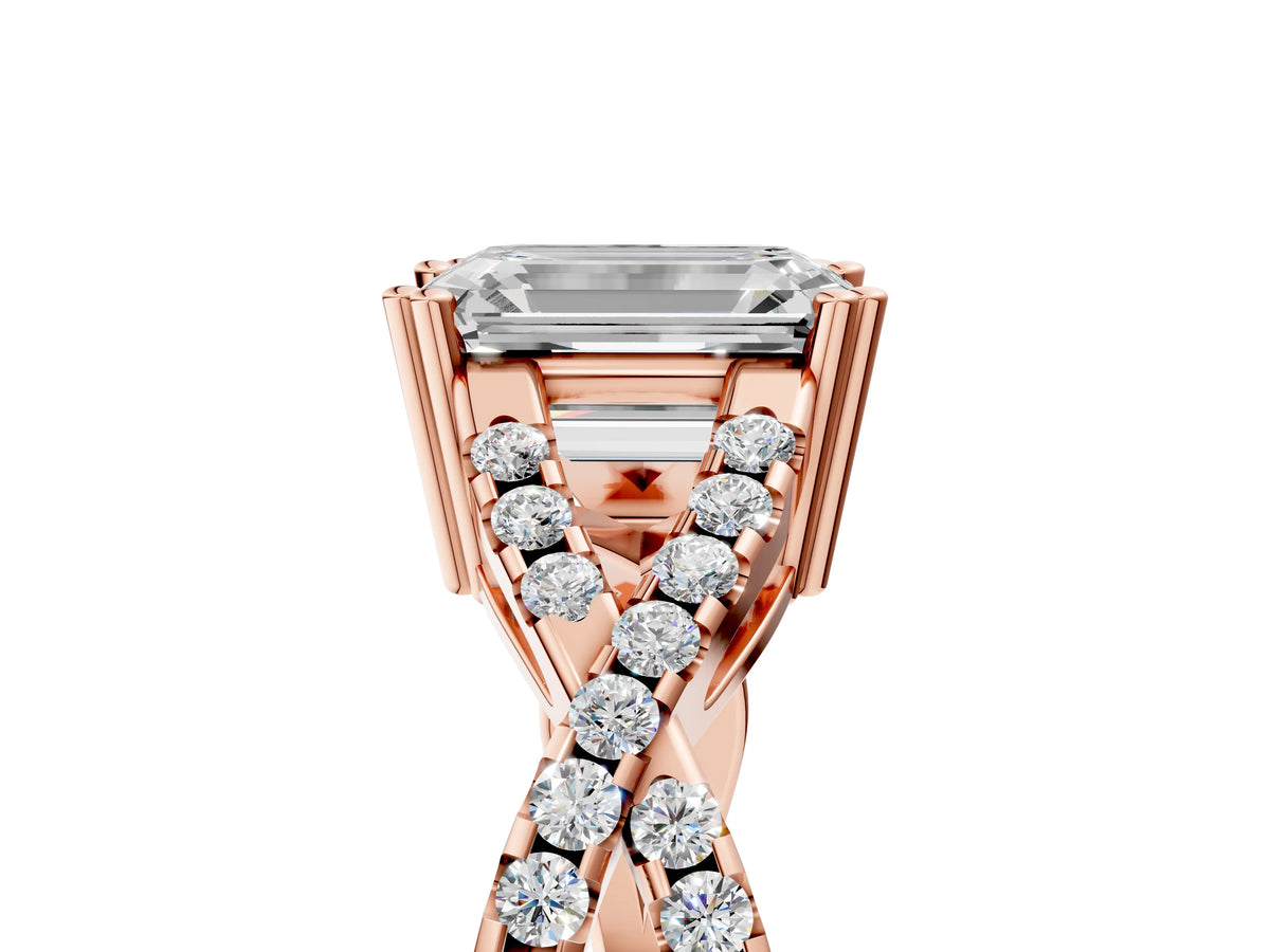 Rose gold Emerald Cut Diamond Solitaire Ring with Four-Prong Setting and Twisted Pavé Band_5