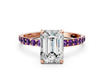 Rose gold Emerald Cut Diamond Solitaire Ring with Round Amethyst Pavé Band and Prong Setting