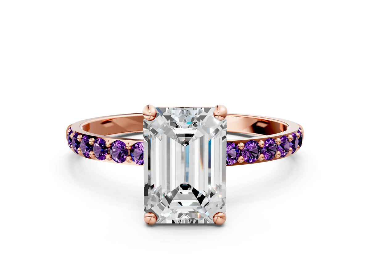 Rose gold Emerald Cut Diamond Solitaire Ring with Round Amethyst Pavé Band and Prong Setting