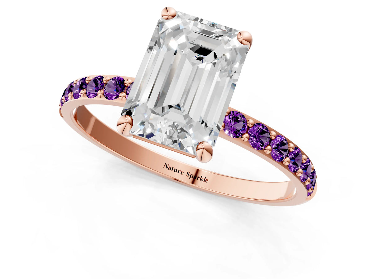 Rose gold Emerald Cut Diamond Solitaire Ring with Round Amethyst Pavé Band and Prong Setting_1