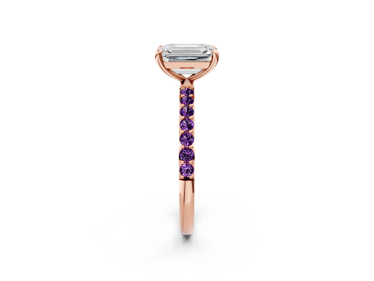 Rose gold Emerald Cut Diamond Solitaire Ring with Round Amethyst Pavé Band and Prong Setting_2