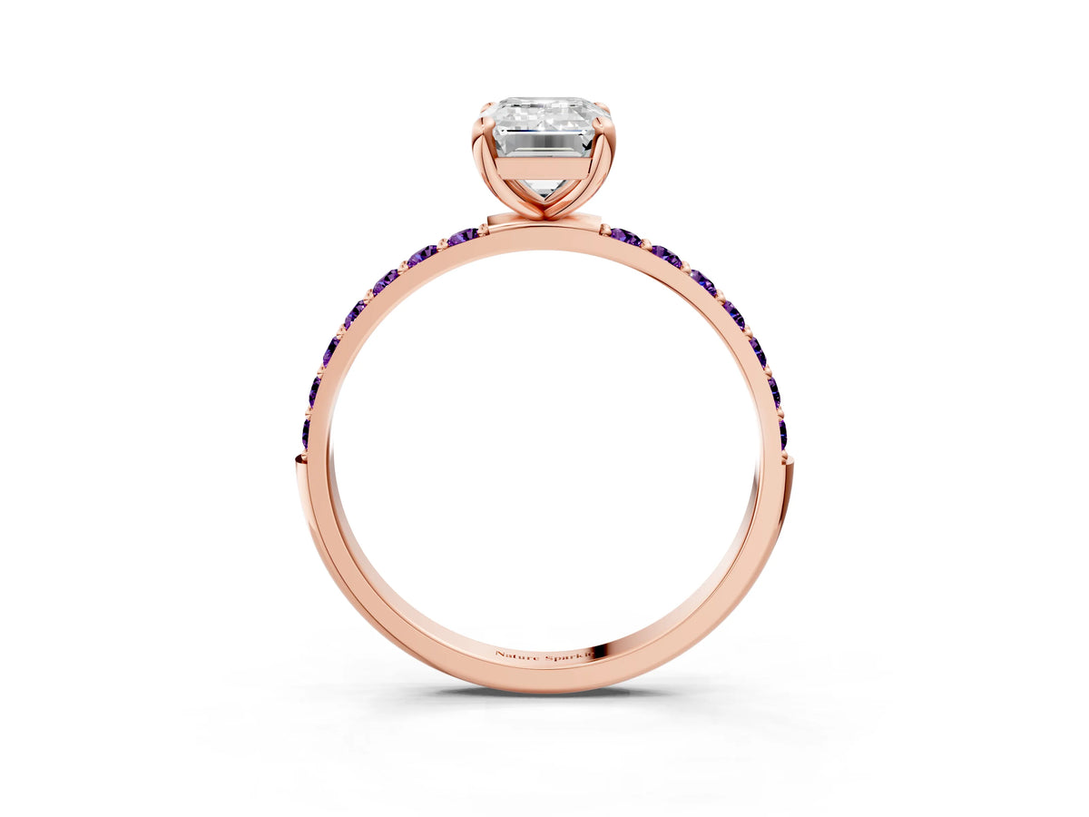 Rose gold Emerald Cut Diamond Solitaire Ring with Round Amethyst Pavé Band and Prong Setting_3