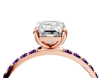Rose gold Emerald Cut Diamond Solitaire Ring with Round Amethyst Pavé Band and Prong Setting_4