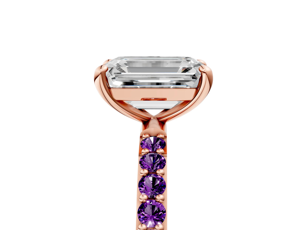 Rose gold Emerald Cut Diamond Solitaire Ring with Round Amethyst Pavé Band and Prong Setting_5