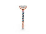 Rose gold Emerald Cut Diamond Solitaire Ring with Round Aquamarine Pavé Band and Prong Setting_2