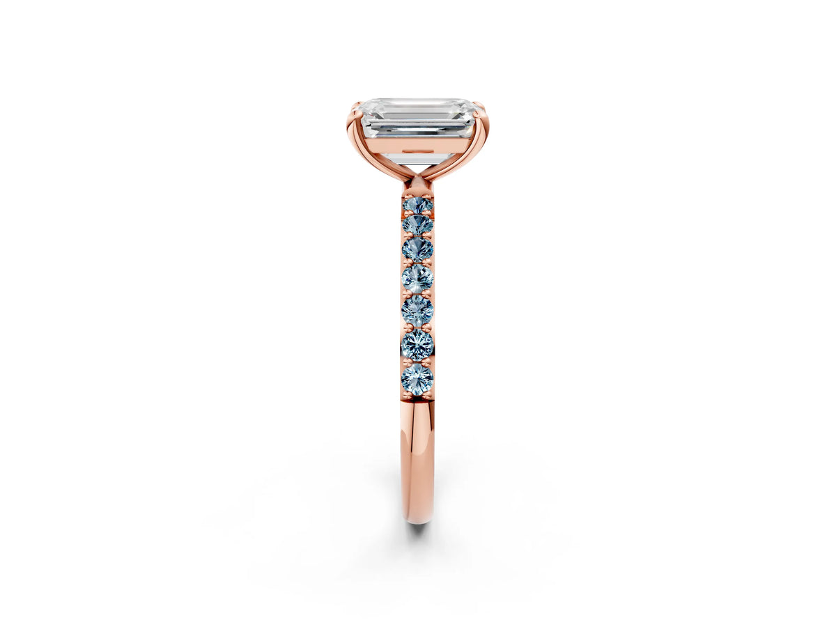 Rose gold Emerald Cut Diamond Solitaire Ring with Round Aquamarine Pavé Band and Prong Setting_2