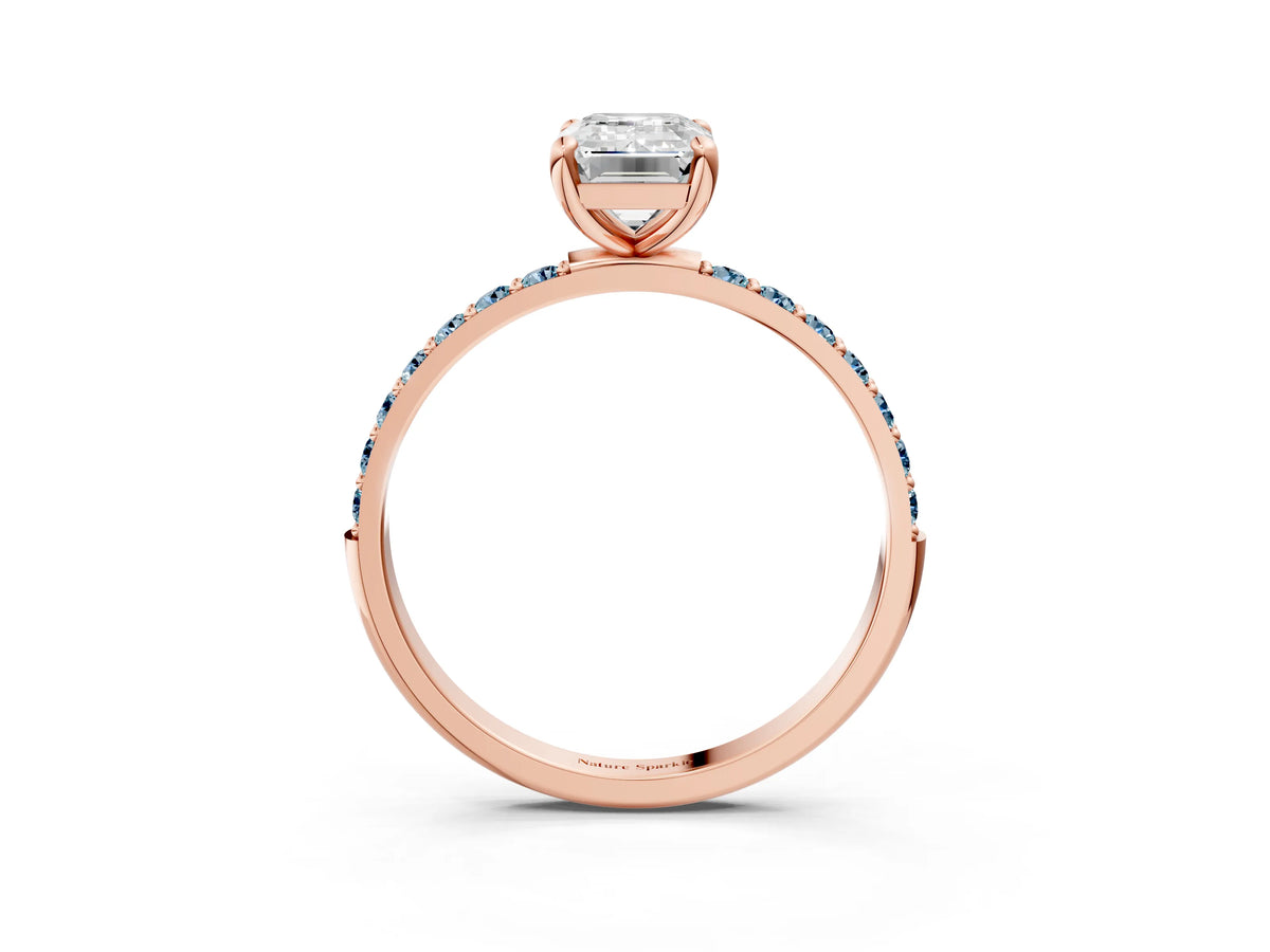Rose gold Emerald Cut Diamond Solitaire Ring with Round Aquamarine Pavé Band and Prong Setting_3
