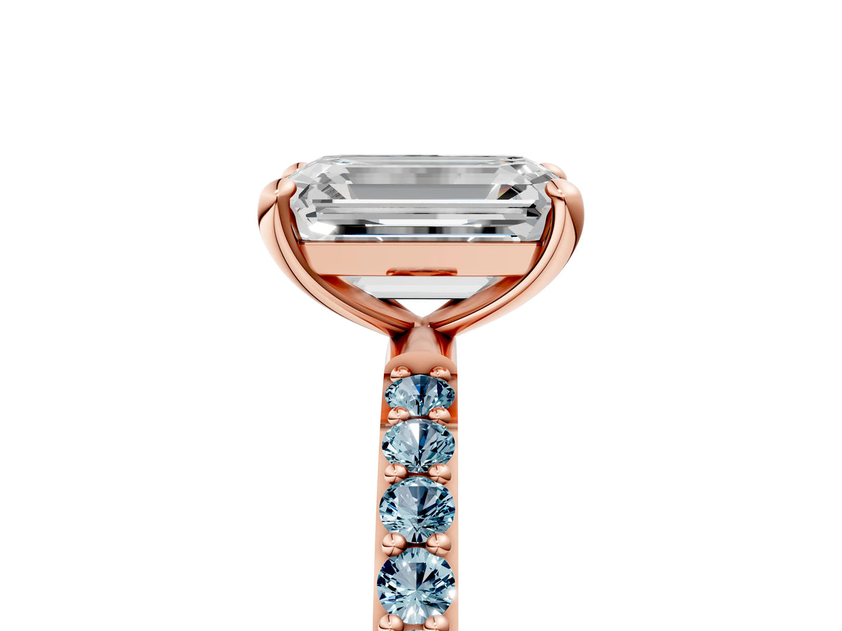 Rose gold Emerald Cut Diamond Solitaire Ring with Round Aquamarine Pavé Band and Prong Setting_5