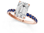 Rose gold Emerald Cut Diamond Solitaire Ring with Round Blue Sapphire Pavé Band and Prong Setting_1