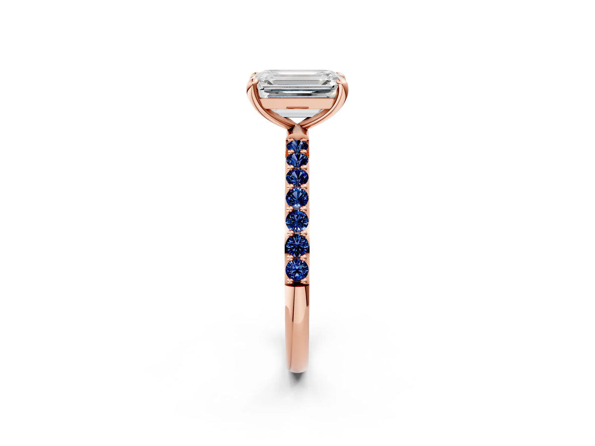 Rose gold Emerald Cut Diamond Solitaire Ring with Round Blue Sapphire Pavé Band and Prong Setting_2