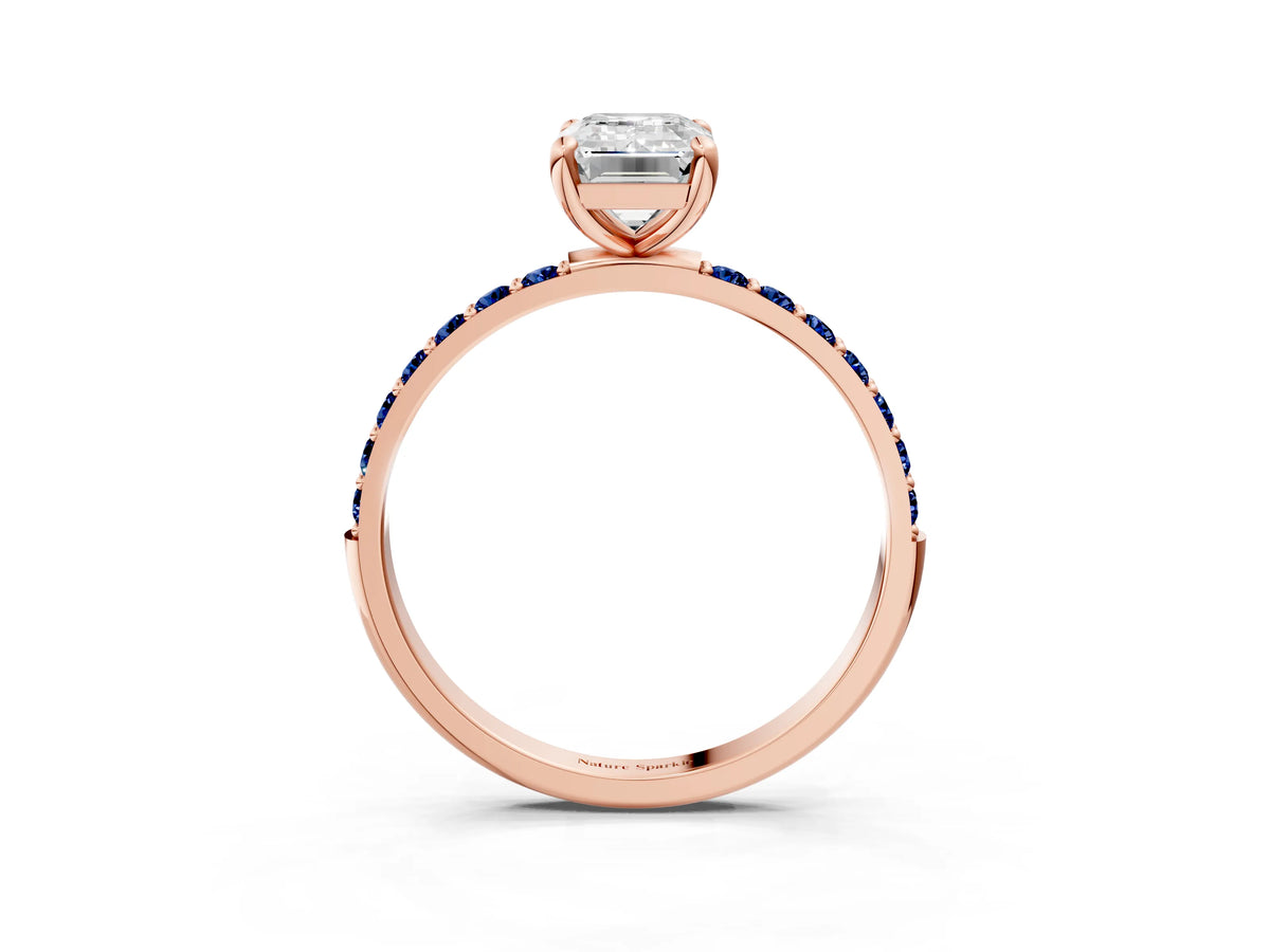 Rose gold Emerald Cut Diamond Solitaire Ring with Round Blue Sapphire Pavé Band and Prong Setting_3