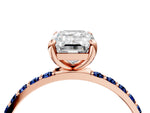 Rose gold Emerald Cut Diamond Solitaire Ring with Round Blue Sapphire Pavé Band and Prong Setting_4