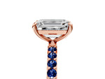 Rose gold Emerald Cut Diamond Solitaire Ring with Round Blue Sapphire Pavé Band and Prong Setting_5