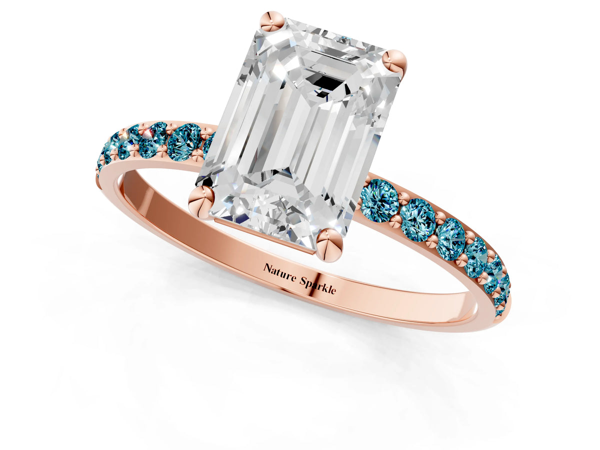 Rose gold Emerald Cut Diamond Solitaire Ring with Round Blue Topaz Pavé Band and Prong Setting_1