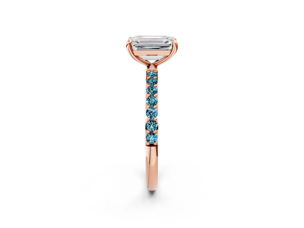 Rose gold Emerald Cut Diamond Solitaire Ring with Round Blue Topaz Pavé Band and Prong Setting_2