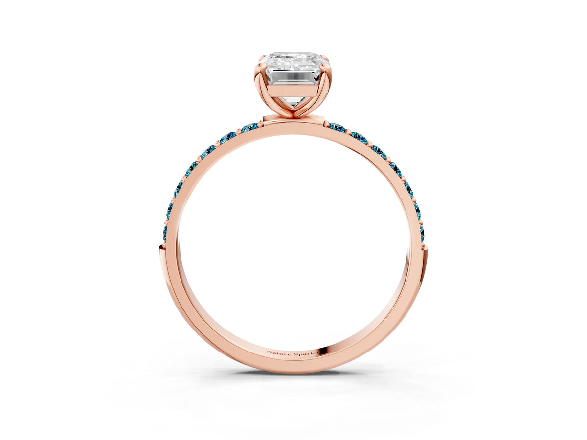 Rose gold Emerald Cut Diamond Solitaire Ring with Round Blue Topaz Pavé Band and Prong Setting_3