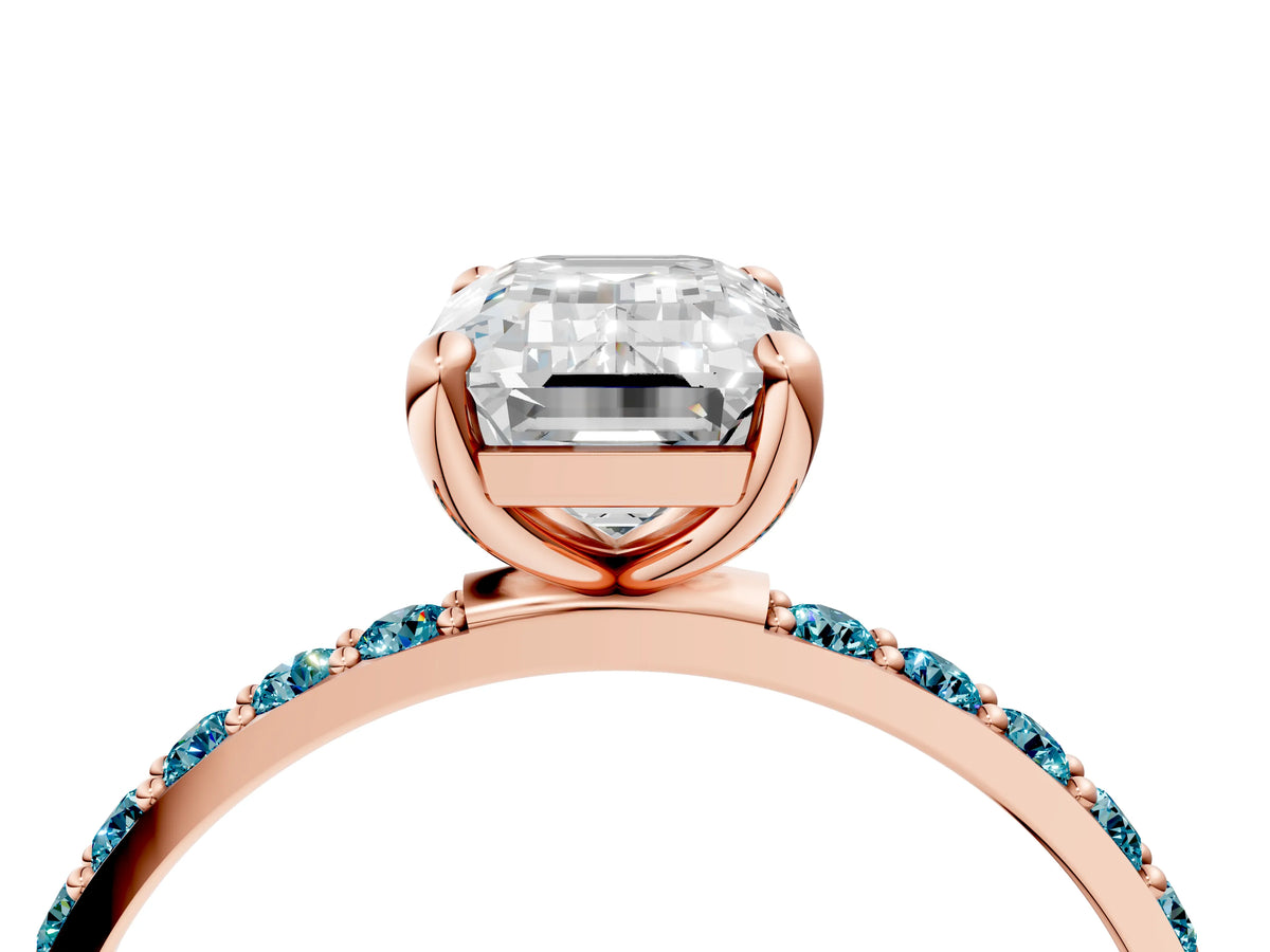 Rose gold Emerald Cut Diamond Solitaire Ring with Round Blue Topaz Pavé Band and Prong Setting_4