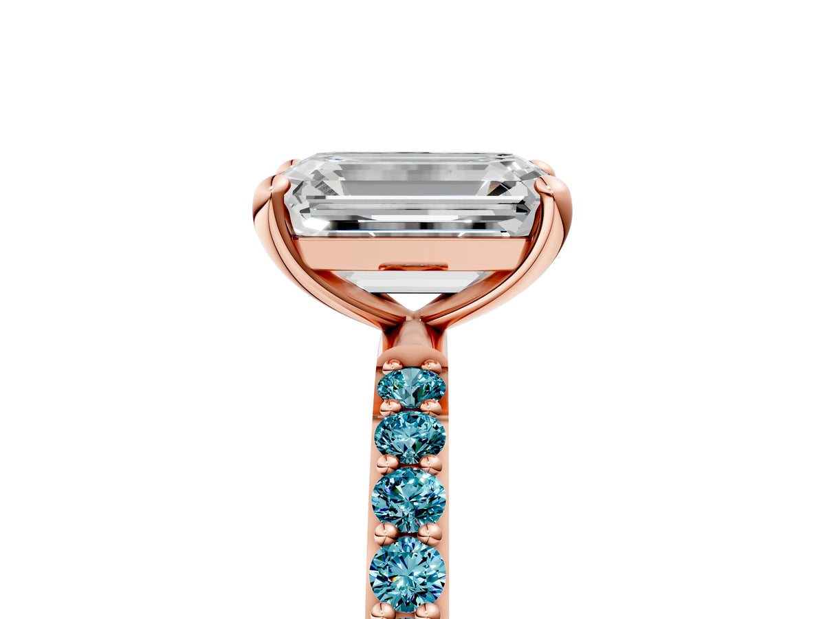 Rose gold Emerald Cut Diamond Solitaire Ring with Round Blue Topaz Pavé Band and Prong Setting_5