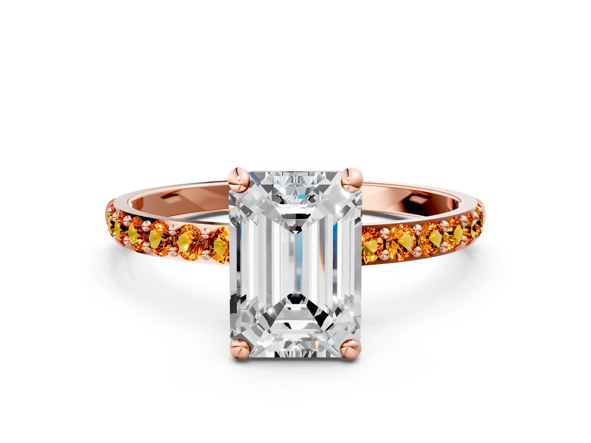 Rose gold Emerald Cut Diamond Solitaire Ring with Round Citrine Pavé Band and Prong Setting