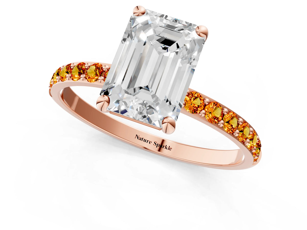 Rose gold Emerald Cut Diamond Solitaire Ring with Round Citrine Pavé Band and Prong Setting_1