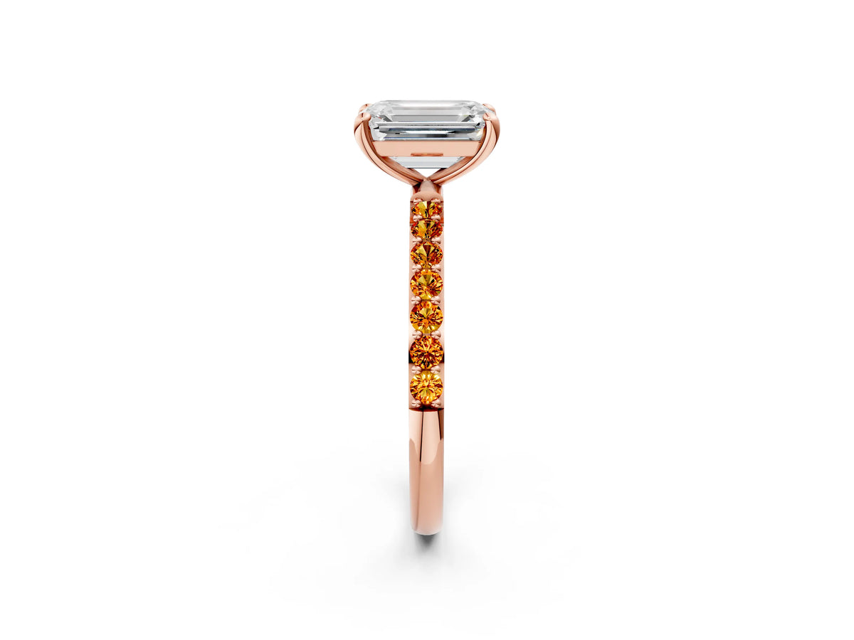 Rose gold Emerald Cut Diamond Solitaire Ring with Round Citrine Pavé Band and Prong Setting_2