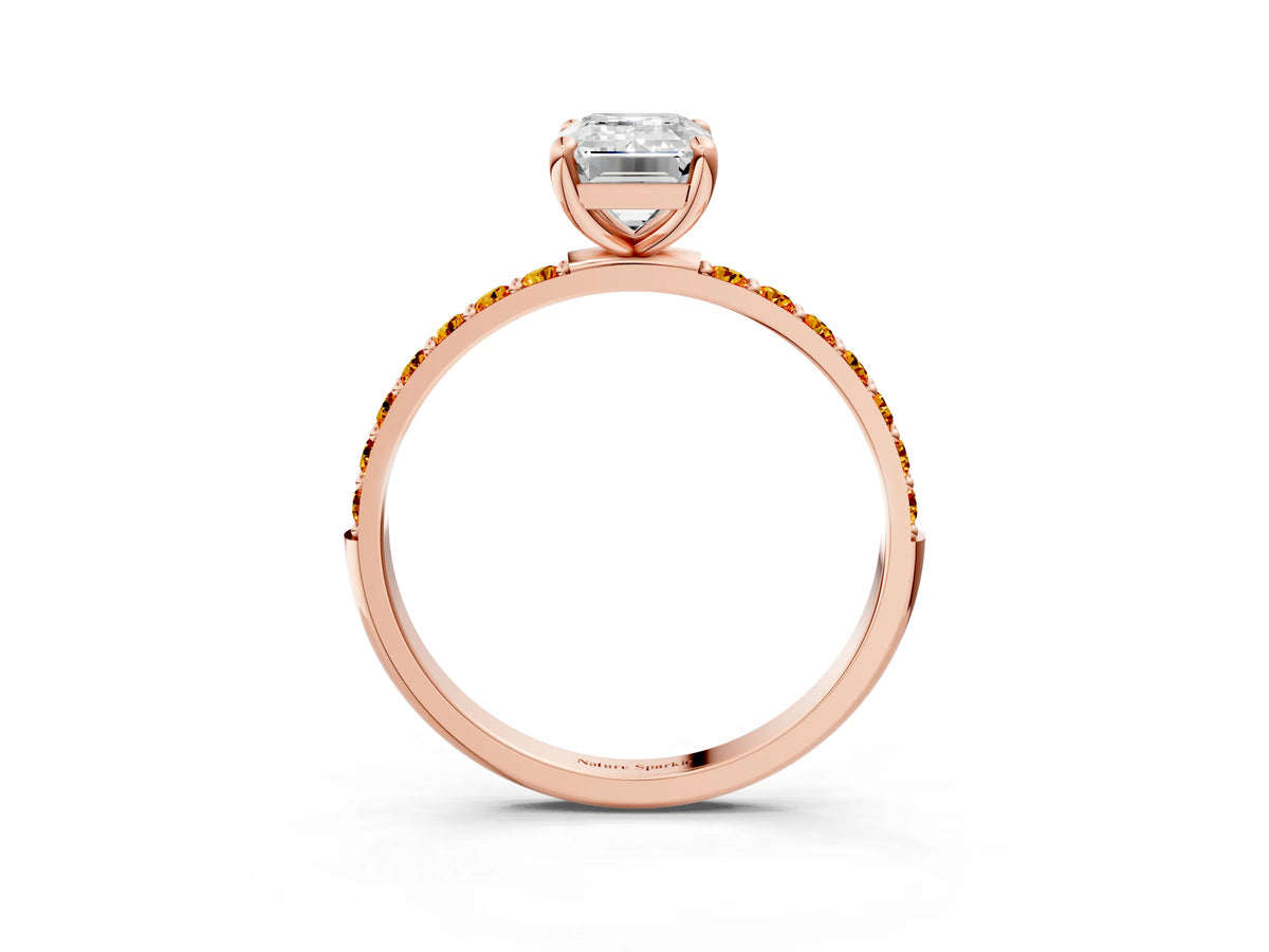 Rose gold Emerald Cut Diamond Solitaire Ring with Round Citrine Pavé Band and Prong Setting_3