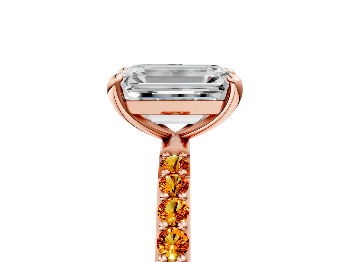 Rose gold Emerald Cut Diamond Solitaire Ring with Round Citrine Pavé Band and Prong Setting_5