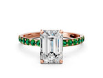 Rose gold Emerald Cut Diamond Solitaire Ring with Round Emerald Pavé Band and Prong Setting