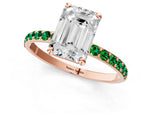 Rose gold Emerald Cut Diamond Solitaire Ring with Round Emerald Pavé Band and Prong Setting_1