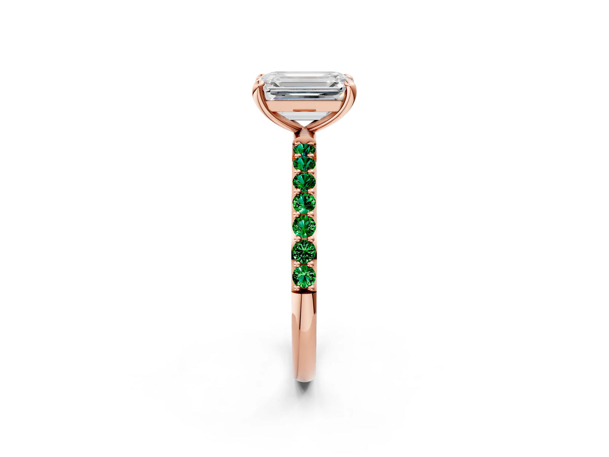 Rose gold Emerald Cut Diamond Solitaire Ring with Round Emerald Pavé Band and Prong Setting_2