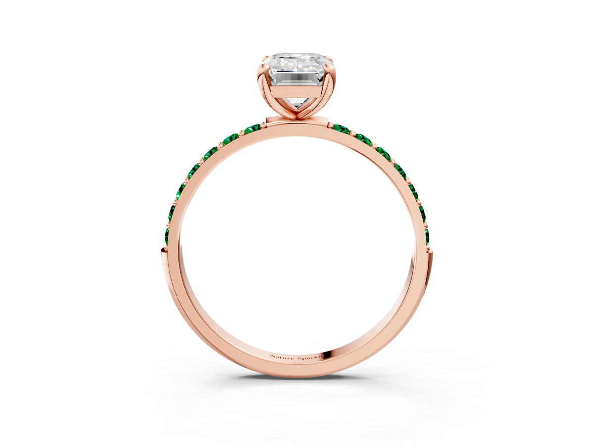 Rose gold Emerald Cut Diamond Solitaire Ring with Round Emerald Pavé Band and Prong Setting_3