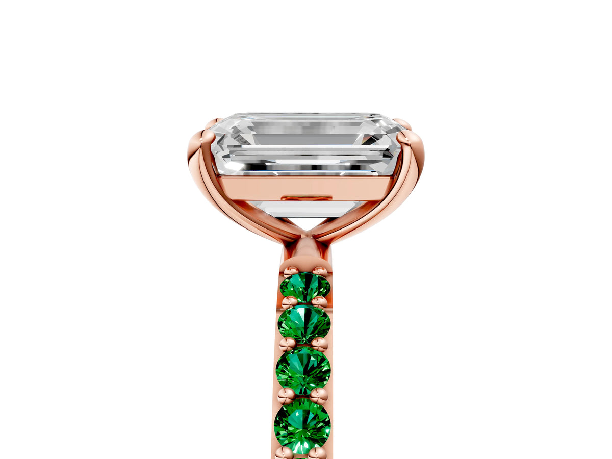 Rose gold Emerald Cut Diamond Solitaire Ring with Round Emerald Pavé Band and Prong Setting_5