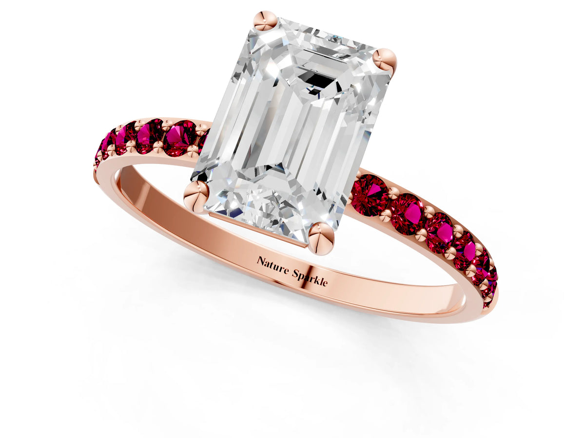 Rose gold Emerald Cut Diamond Solitaire Ring with Round Garnet Pavé Band and Prong Setting_1