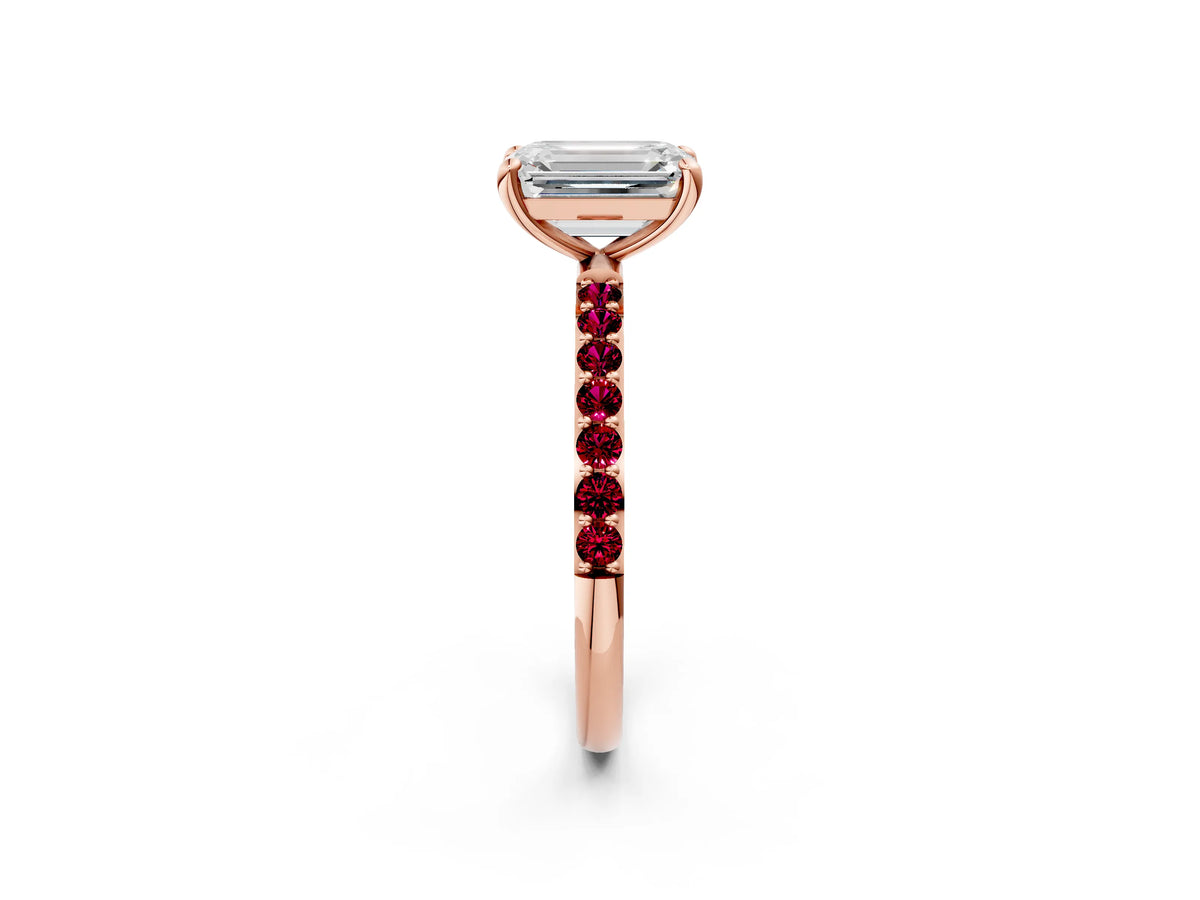 Rose gold Emerald Cut Diamond Solitaire Ring with Round Garnet Pavé Band and Prong Setting_2