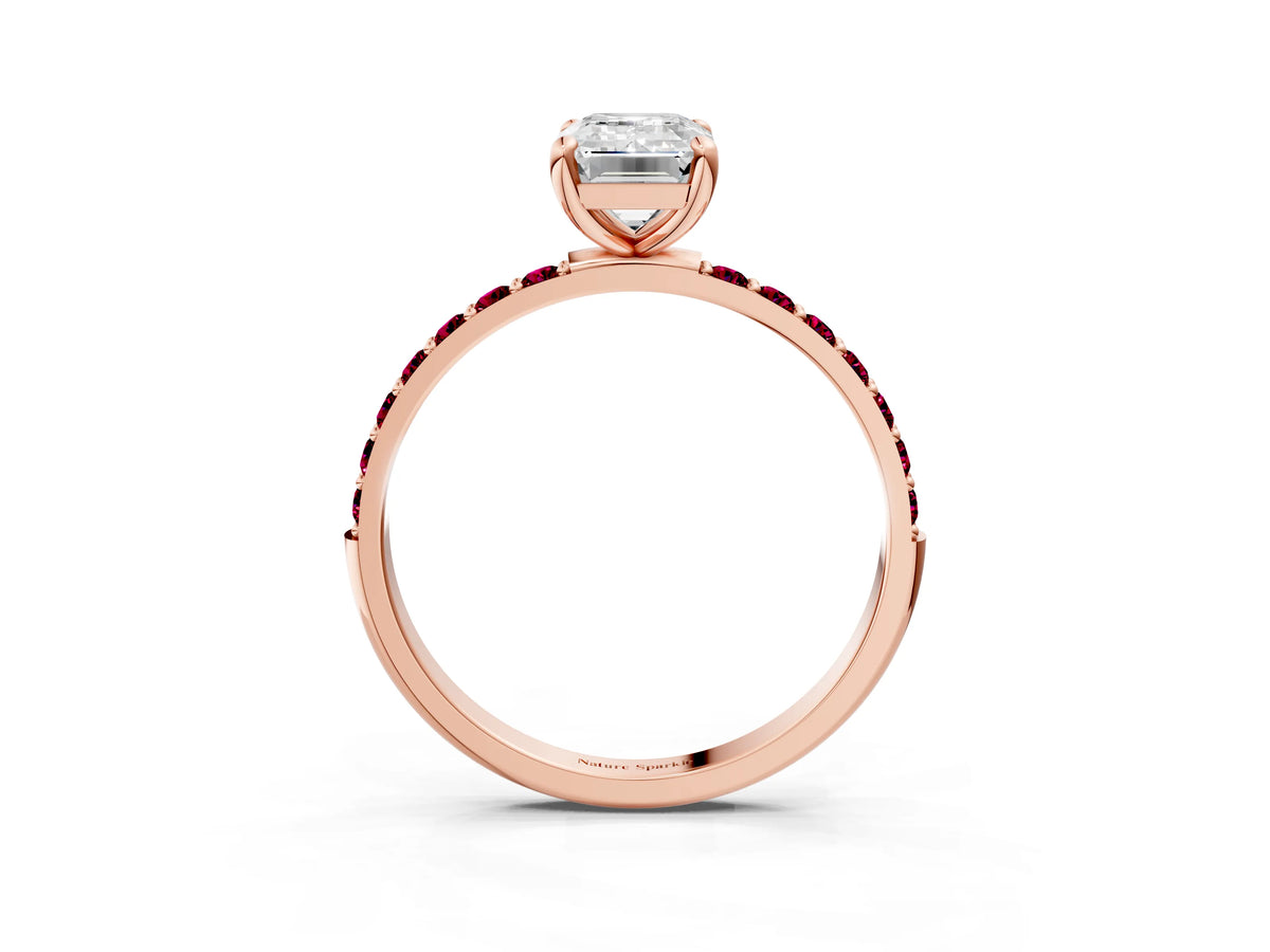 Rose gold Emerald Cut Diamond Solitaire Ring with Round Garnet Pavé Band and Prong Setting_3