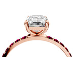 Rose gold Emerald Cut Diamond Solitaire Ring with Round Garnet Pavé Band and Prong Setting_4
